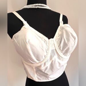 Vintage Edith Lances Satin minimizing hand Sewn Underwire Longline Bra in White